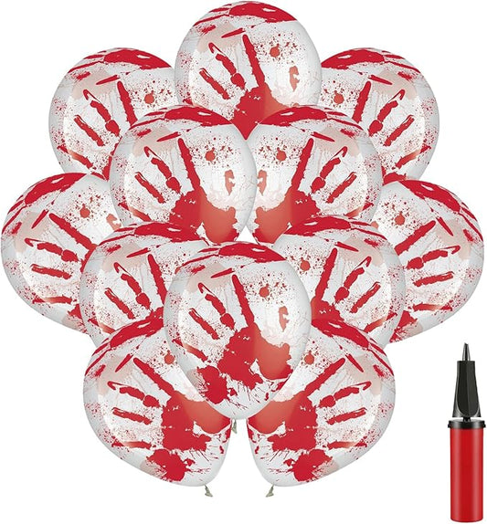 Leesoot 12pcs 12inch Blood Handprints Scary Latex Balloons, Thrilling Clear with Red Horror Design for Halloween Bloody Party Spooky Party Terror Decoration Zombie Vampire Party With Tools