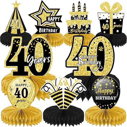 9Pcs Black Gold 18th 21th 30th 40th Honeycomb Decorations - Happy Birthday Decorations, Birthday Table Centre Decorations, Party Table Decorations, Table Decorations Centrepiece (40)