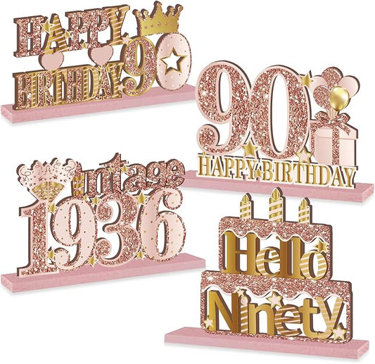 4 Pieces 90th Birthday Decorations Wooden Vintage 1936 Table Centerpieces for Women, Pink Rose Gold Cheers to 90 Years Table Sign Party Supplies, Hello 90 Years Old Bday Table Decor