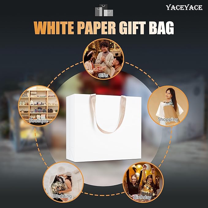 White Gift Bags Large, 10Pcs 12.5"x4.5"x11" With Handles - Paper Shopping, Wedding, Boutique, Retail Bags Bulk