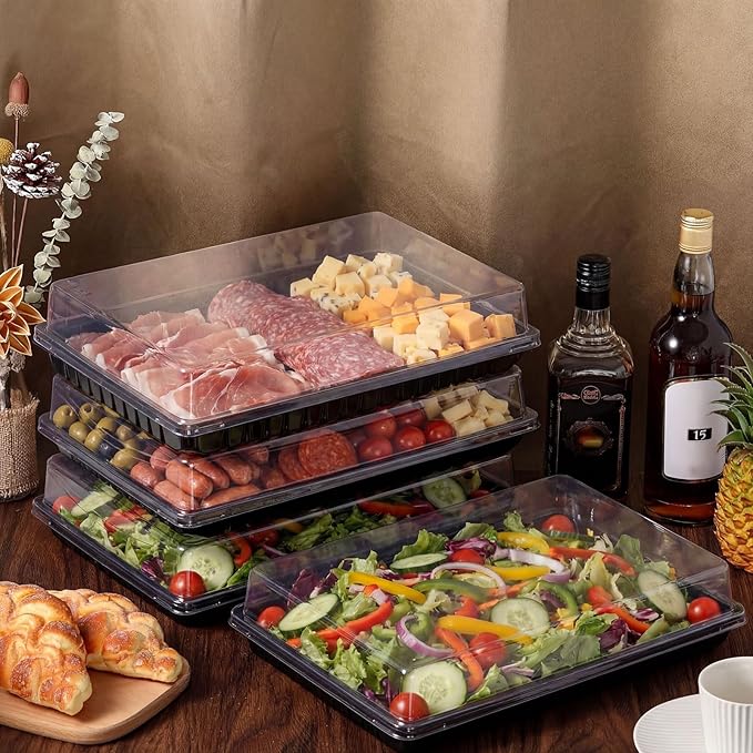Shellwei 10 Pack Extra Large Charcuterie Board with Lids, 15 x 10 Inch Plastic Catering Trays for Cookies, Desserts, Candy, Reusable Serving Platters for Travel Party