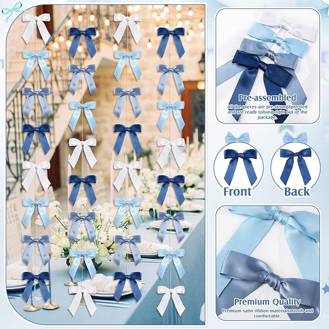 Taobary 8 Pcs 6.6 ft Bow Garland, Satin Ribbon Bow Banner Coquette Hanging Ornament for Photo Backdrop Birthday Party Wedding Bridal Baby Shower Wall Decorations(Blue,1 Inch)