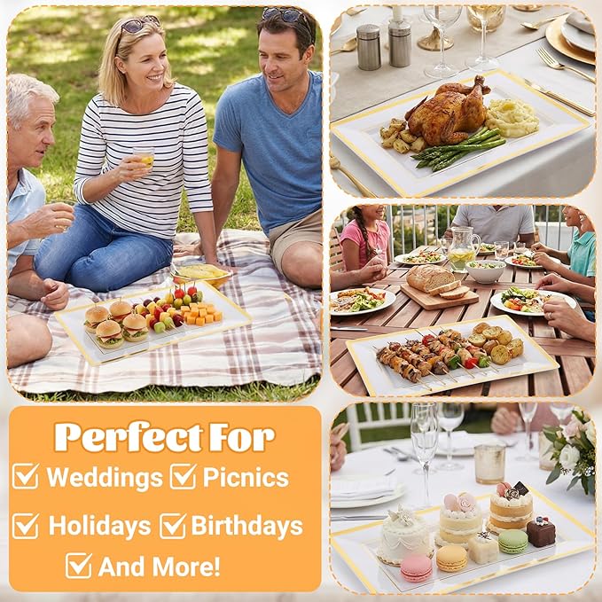 10 Pack White & Gold Plastic Serving Trays with 10 Stainless Steel Tongs - Elegant Disposable Platters for Parties, Weddings, Desserts