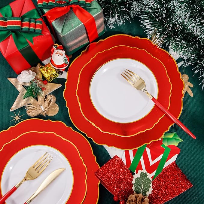WDF 30Guest Red Plastic Plates - Gold Plastic Silverware With Red Handle - Red Plates Disposable- Baroque Plastic Dinnerware for Wedding Baby Shower Spring Birthday