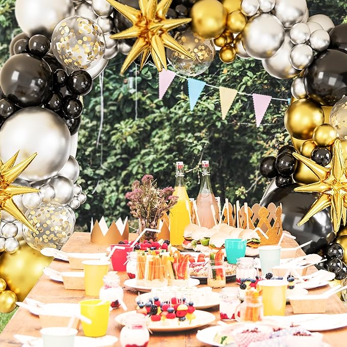 Black Gold Balloons Arch Garland Kit-Metallic Silver Balloon Chrome Latex Gold Explosion Star Foil Balloon 127Pcs for Birthday,Graduation,Gender Reveal,Baby Shower Party Decorations.