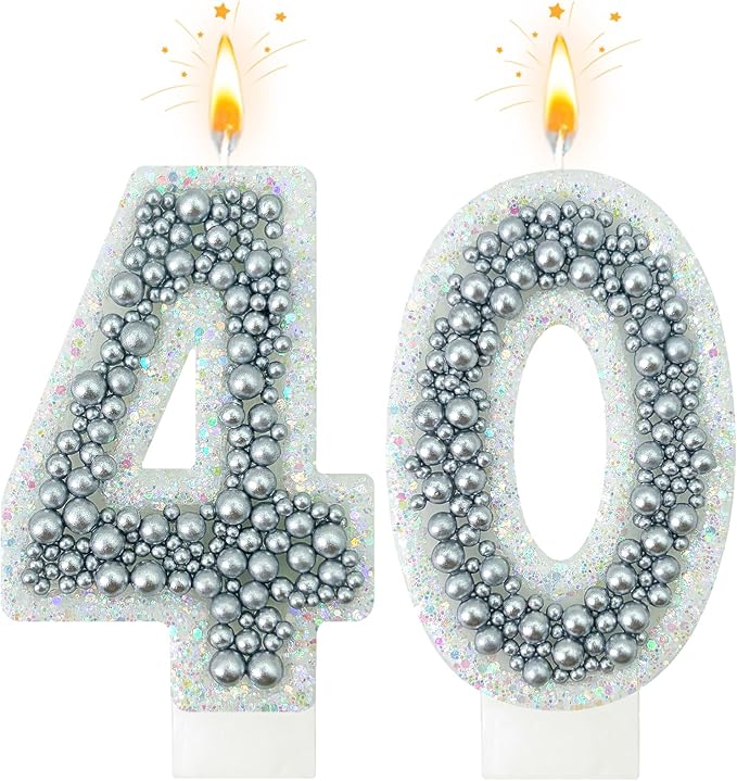 40 Birthday Number Candle for Cake, Glitter Number Candle with Silver Beads, Decorative Cake Topper for Milestone Celebrations