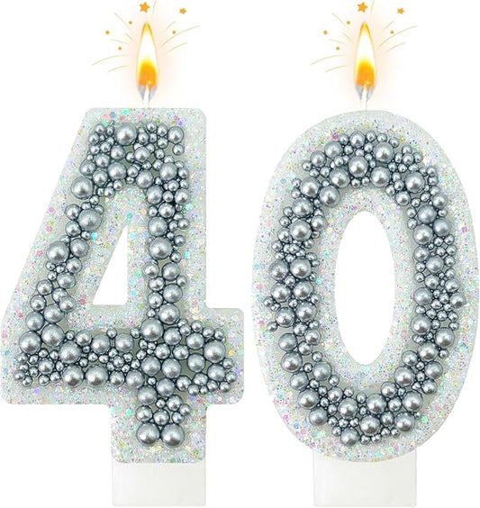 40 Birthday Number Candle for Cake, Glitter Number Candle with Silver Beads, Decorative Cake Topper for Milestone Celebrations