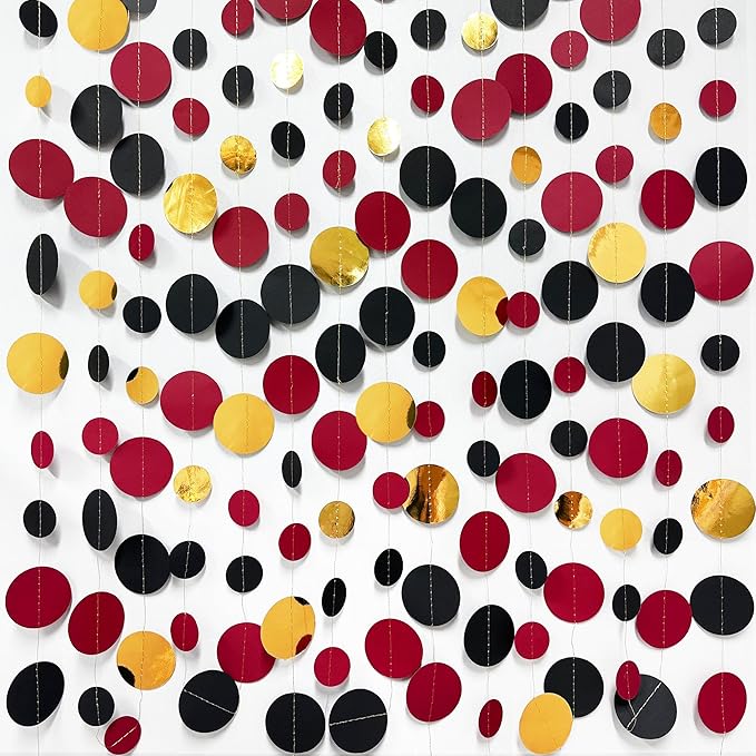 Gold Black Red Party Decorations Circle Dots Streamer Hanging Paper Polka Dots Garland for Graduation Birthday Wedding Anniversary Baby Shower Holiday Pirate Poker Casino Las Vegas Party Supplies
