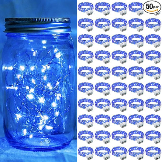 50 Pack Blue Fairy Lights 7Ft 20 LED Twinkle String Lights 3 Modes Battery Operated Waterproof Firefly Starry for Mason Jar Wedding Party 4th of July Christmas Day Table Centerpieces