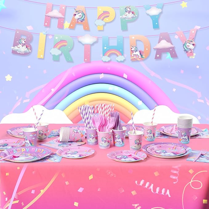 171Pcs Unicorn Birthday Party Decorations with Unicorn Rainbow Banner and Tablecloth, Birthday Party Supplies with Plates Cups Napkins Straws Cutlery, Pink Purple Disposable Tableware for 24 Guests