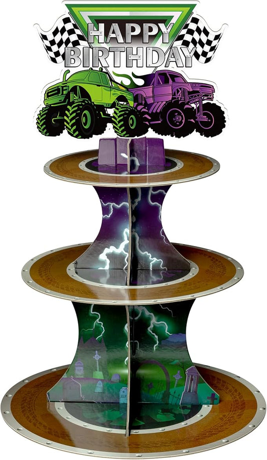 Haooryx Green and Purple Monster Truck Cupcake Stand, 3 Tier Monster Truck Cupcake Tower Cardboard Racing Car Cupcake Dessert Candy Holders for Kids Boys Birthday Baby Shower Party Table Supplies