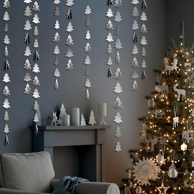 Cheerland Silver Tree Garland for Woodland Theme Party Decoration Xmas Christmas Hanging Streamer Backdrop Ceiling Tree Garland Decor for Baby Shower Christmas Camping Birthday Party Decorations