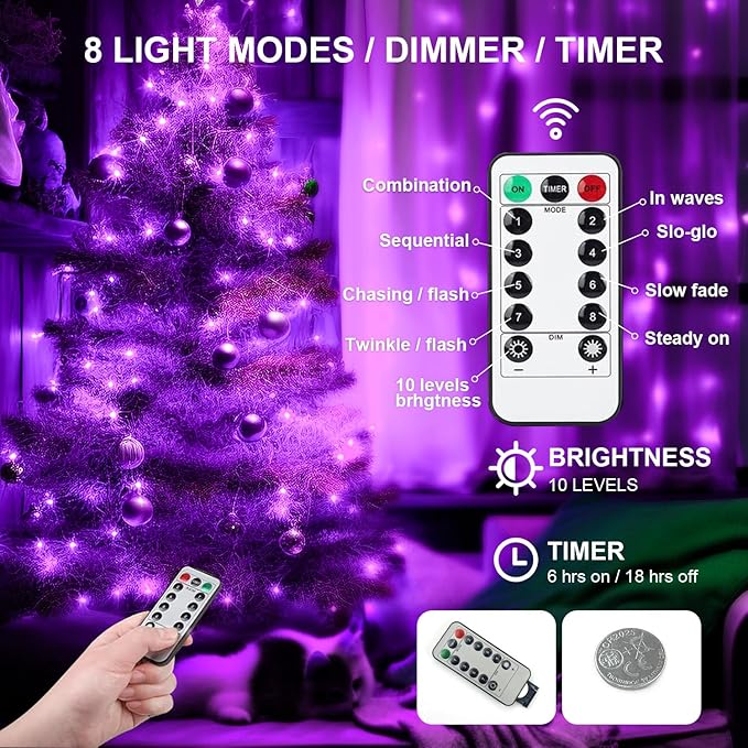Aogist 2-Pack 50LED Fairy Lights 16ft Dual Power(USB/Battery) with Remote & Timer, 8 Modes Flexible Copper Wire Waterproof String Lights for Outdoor Christmas Wedding Bedroom Party Decor,Purple