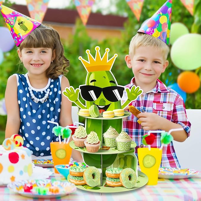 Haooryx Pickle Party Cake Stand - 3 Tier Green Cucumber Cupcake Tower Cardboard Dessert Table Holder Pastry Platter Kid Pickle Birthday Decorations Summer Baby Shower Cake Pop Display Stand Decorating
