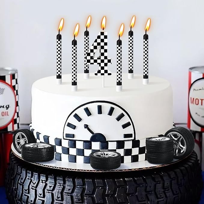 13 Pcs Racing Cars Themed Birthday Candles, Black and White Checkered Birthday Cake Candles, Numeral 4 Candle Wheel Tire for Racing Car Party Decoration Theme Party Supplies