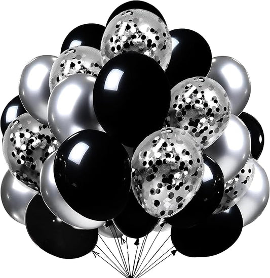 Firomi Metallic Chrome Silver Black Latex Balloons 12 inch 70 Pack Black and Silver Confetti Balloons Set for Birthday Wedding Party New Year (with 2 Ribbons)