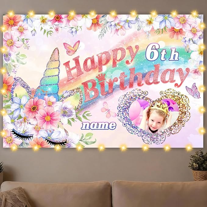 Dicodes Custom Unicorn Birthday Decorations for Girls,Personalization Unicorn Birthday Banner,Unicorn Theme Princess Birthday Decorations for Girls, 4x6ft/5x7.5ft/6x9ft/7x10.5ft/8x12ft