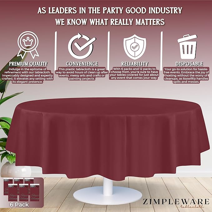 ZIMPLEWARE Premium Burgundy Plastic Table Cloth Disposable (6 Pack) Round Tablecloth (84in) Party Table Cloths Disposable, Perfect Table Cloth Round Cover for Any Table Up to 6 Feet