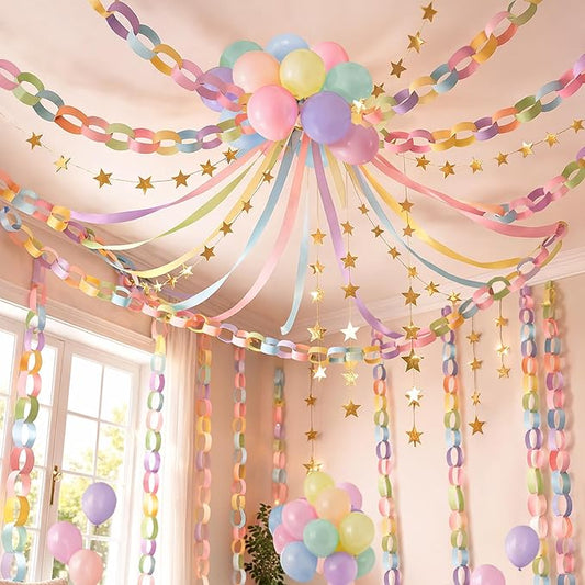 Gleebixi Pastel Birthday Party Decorations Kit with 492ft Crepe Paper Streamers, 300 Sheets Paper Chain Strips, 78.6ft Gold Star Garland and 30Pcs 12" Pastel Balloons for Hanging Decor