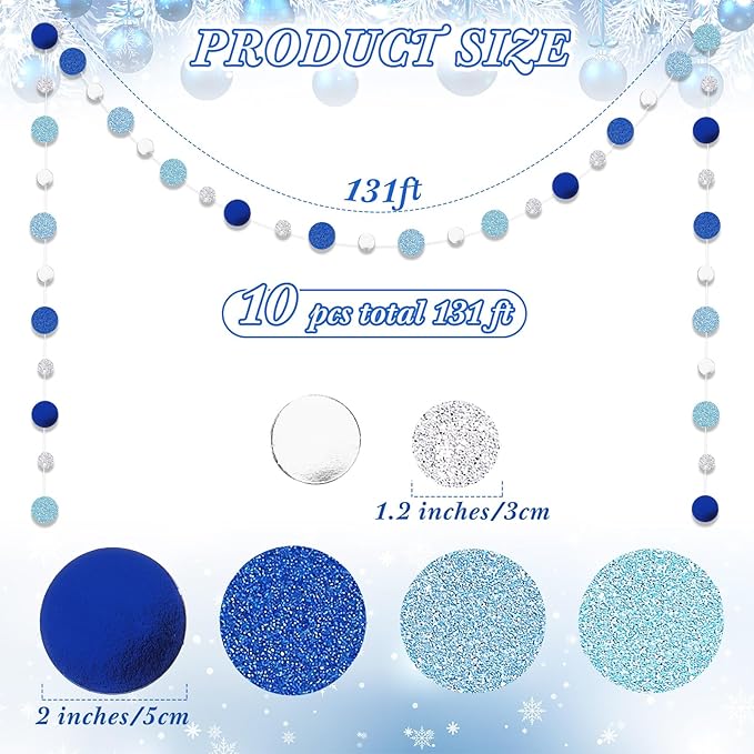 Outus 10 Pieces Silver Round Dots Garland Graduation Party Hanging Decor Each Length 13.1ft Glitter Paper Dot Streamers for Birthday Wedding Classroom Supplies (Blue)