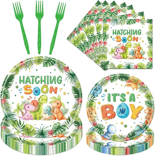 Rakuto Dinosaur Baby Shower Decorations, 96PCS Hatching Soon Baby Shower Disposable Paper Plates Napkins Party Decorations, Watercolor Dinosaur It's a Boy Forks Decor Supplies Serves 24