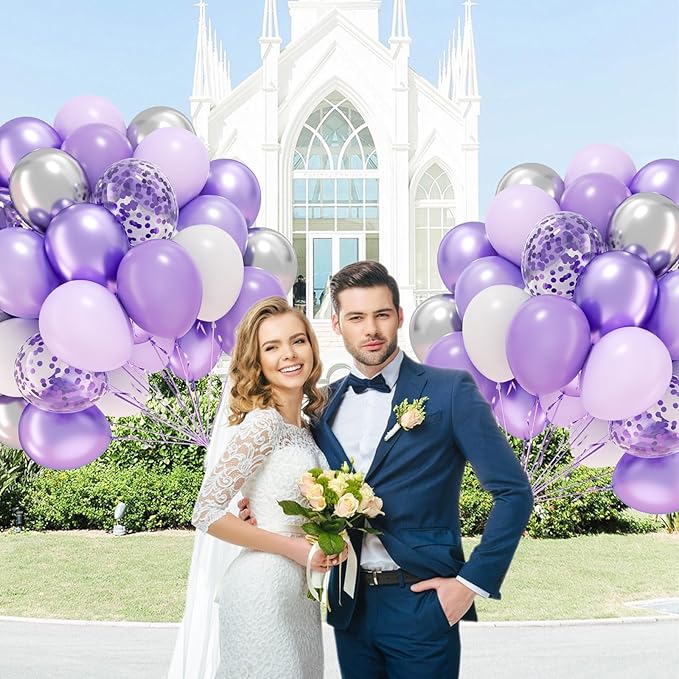 60pcs Purple and Silver Balloons 12inch with Pearl Purple White Metallic Silver Confetti Balloons for Wedding Bridal Baby Shower Birthday Party Decorations