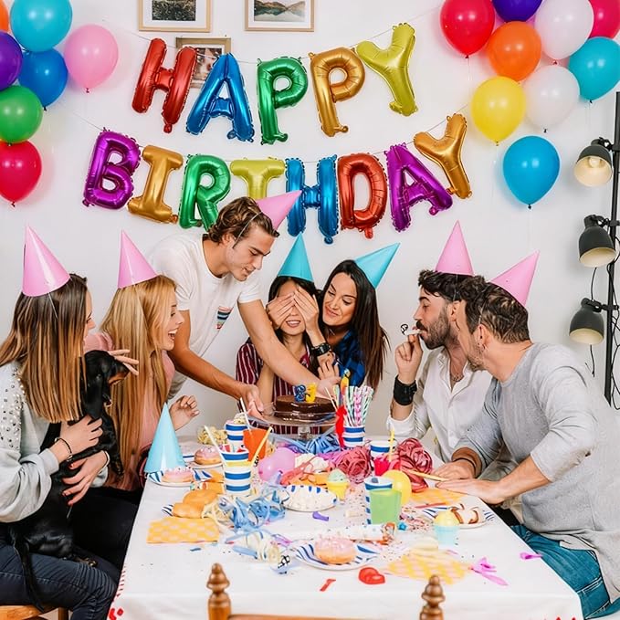 Rainbow Happy Birthday Letters Balloon Banner Kit,Usable Mylar Decorations for All Genders - Men/Women Party Supplies, Vibrant Happy Birthday Sign