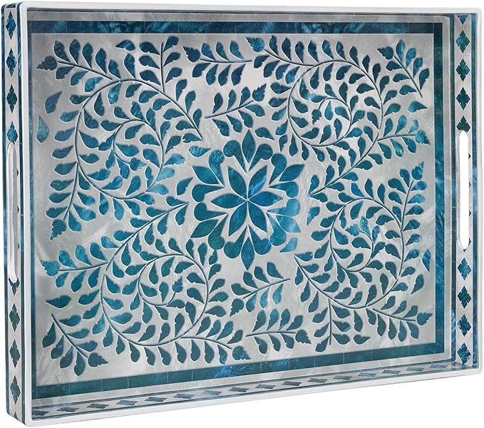 MAONAME Rectangular Decorative Tray, Plastic Serving Tray with Handles, Modern Blue Trays for Ottoman, Coffee Table Trays for Living Room, Home Decor, 15.7" x 11.8" x 1.6"