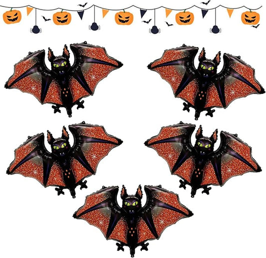 5 Pcs Halloween Bats Balloons Glitter Red & Black Bat Foil Mylar Balloons Spooky Halloween Day of Death Punch Inflatable Wall Decorations for Inside Outside Party Supplies