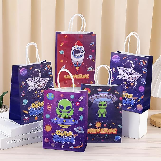 JALEBRO 24PCS outer space alien astronaut theme Party Favors Gift Bags Bulk with Handle, Paper Snack Treat Goodie Bag for Space Goody Bags Birthday Party Decorations Supplies 8"x5.9"x3.1" (space)