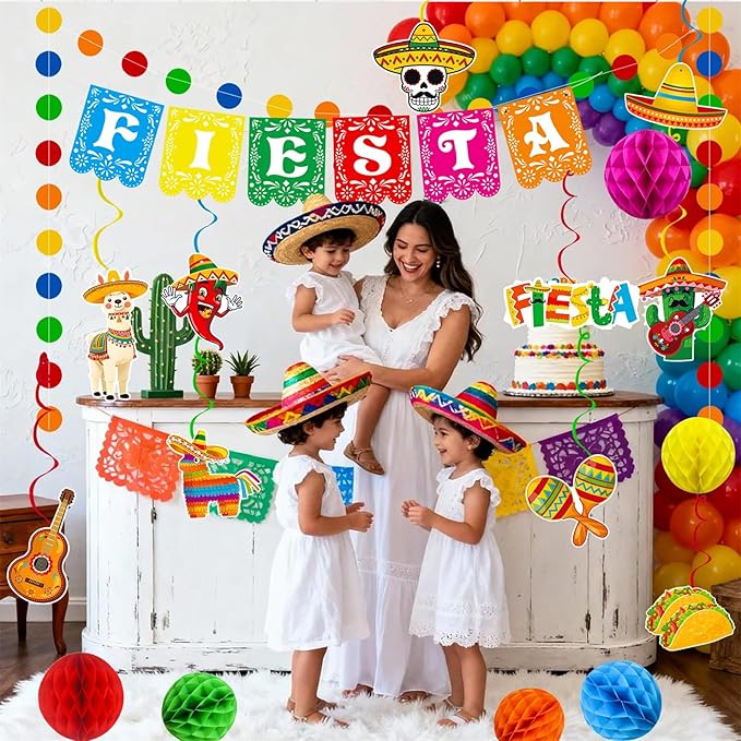 Fiesta Party Decorations Mexican Fiesta Banner Garland Hanging Swirls Honeycomb Balls Set for Cinco De Mayo Taco Mexican Theme Birthday Party Decor