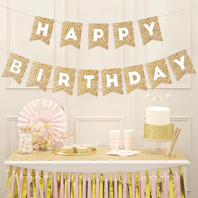 Hooqict Gold Happy Birthday Banner Sign for Backdrop Gold Happy Birthday Decorations for Women Men Kids 1st 2nd 3rd Party Supplies Wall Door Banner Garland Bunting Flag