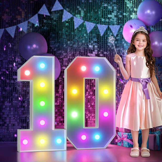 Marquee Numbers 10th Birthday Decoration: Colorful 3FT Large Light Up 10 Year Old Birthday Decorations Anniversary Backdrop Cardboard Sign 18 Colors Number 10 Mosaic Balloon Frame