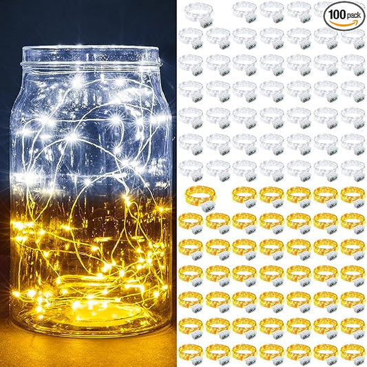 100 Pack Fairy Lights 7Ft 20 LED Twinkle String Lights 3 Modes Battery Operated Waterproof Firefly Starry for Mason Jar Party Wedding Christmas Valentines Day Table Centerpieces,Warm White+White