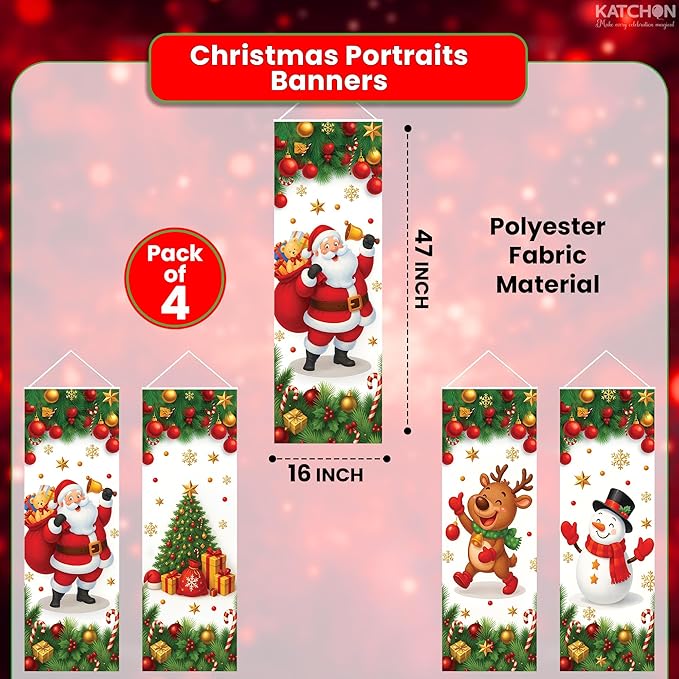 KatchOn Christmas Banners Set – Pack of 4, 47x16 Inch | Holiday Portrait Banners For Christmas Decorations Featuring Santa Claus, Snowman, Xmas Tree, Reindeer for Home, Porch, Living Room | Xmas Decorations