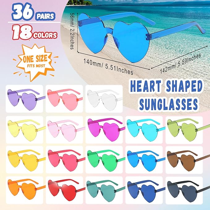 12/26/36 Pairs Rimless Heart Shaped Sunglasses Transparent Glasses Bulk Fun Sunglasses for Party Favors