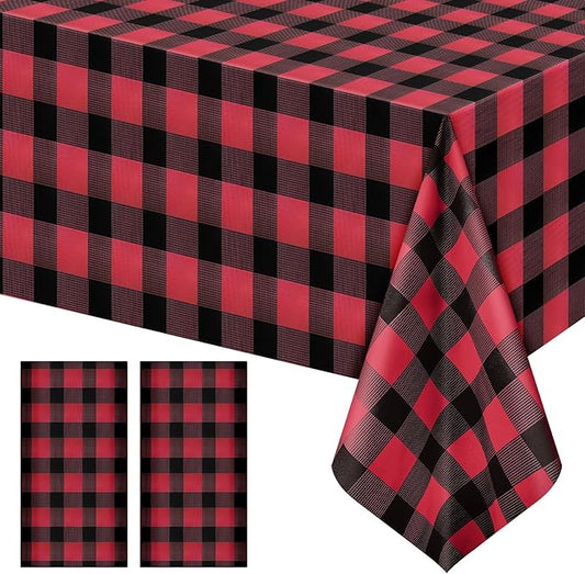 2 Pack Red Striped Gingham Tablecloths, 54 x 108 Inch Disposable Plastic Rectangle Table Covers, Waterproof Red and Black Checkered Table Cloths for Picnic, Birthday, Party, Outdoor Events