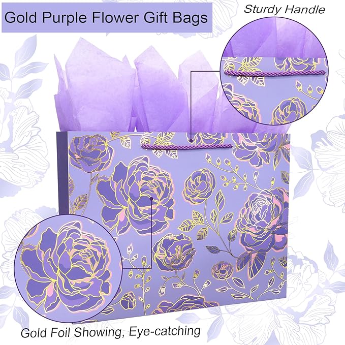 Oletx 13" Gold Purple Flower Paper Gift Bags,Happy Birthday Gift Bags with Tissue Paper Greeting Card for Women's Birthday Party, Wedding Anniversaries,Mother's Day,Valentine's Day