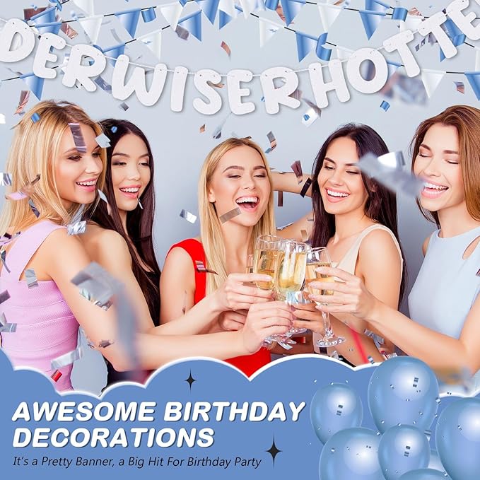 Fulmoon Set of 3 Pre Strung Older Wiser Hotter Glitter Banner Funny Birthday Banner for Women 30th 40th 50th 60th 70th 80th Birthday Party Decorations Sign Gift(White)