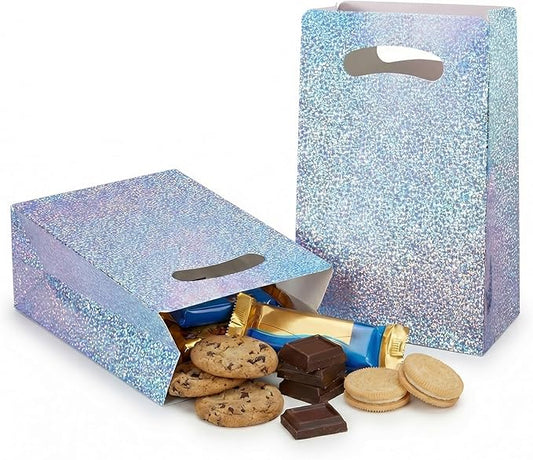 UnicoPak 16 Pack Premium Iridescent Party Favor Bags - 6x3x9 Glitter Goodie Bags for Birthday Party, Wedding - Sturdy Holographic Gift Bags with Auto-lock Bottom, Customizable for Treats & Cookies