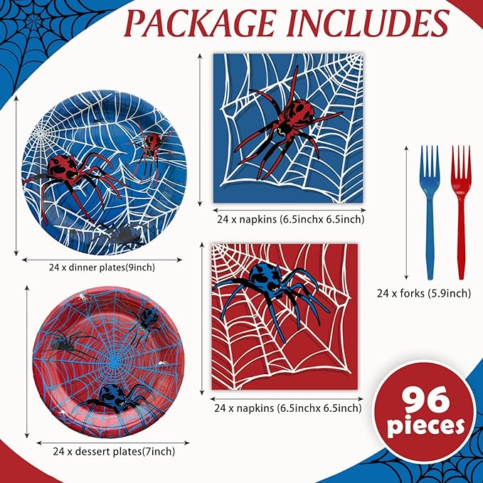 96 Pcs Spider Party Supplies Disposable Tableware Set Serve 24 Guests Include Spider Web Paper Plates and Napkins Plastic Forks for Birthday Party Baby Shower Halloween Decorations(Classic)