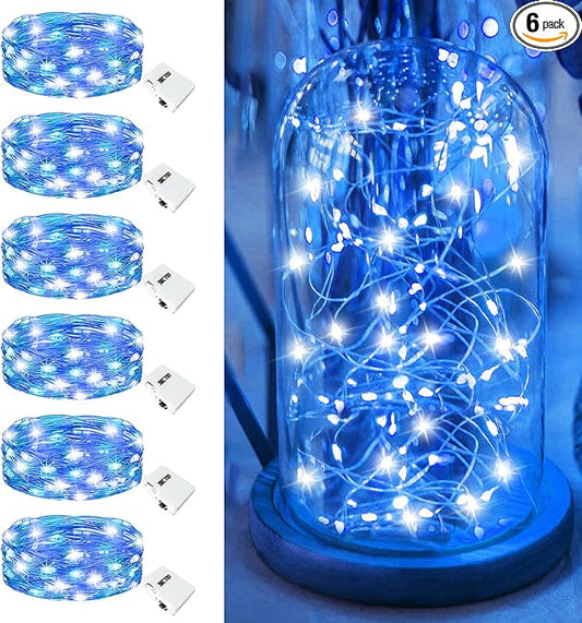 6 Pack Fairy Lights Battery Operated - 7ft 20 Led Twinkle Lights 3 Modes, Bulk Mini String Lights Waterproof for Mason Jars Vases DIY Party Wedding Decoration Christmas -Blue and White