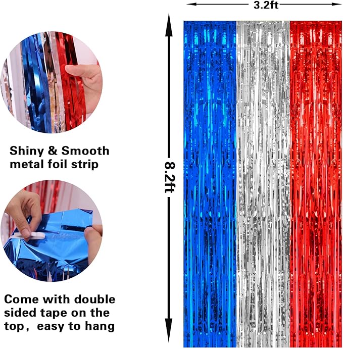 PIGETALE, 2 Pack 3.2 x 8.2 ft Red White and Blue Foil Fringe Backdrop Curtain, Streamer Backdrop Tinsel Curtains Photo Booth Props for Graduation Birthday Memo
