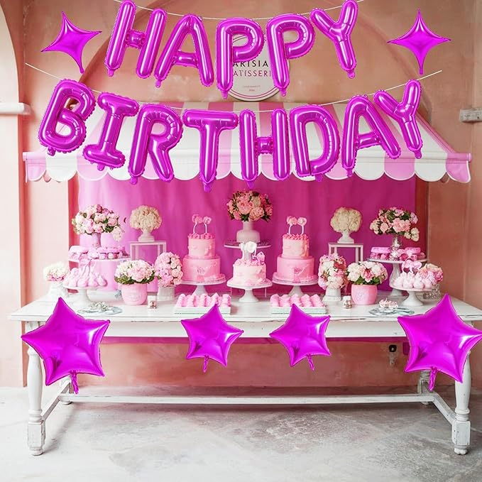 Happy Birthday Balloon Banner Hot Pink, 16 Inch Mylar Foil Letter Balloons, Reusable Birthday Decorations with Rose Red Hot Pink Star Foil Balloons, Inflatable Party Supplies for Women Girls Decor