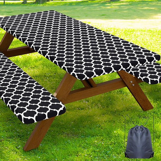 Smiry Picnic Table Cover with Bench Covers, Waterproof Elastic Fitted Tablecloth for 6 Foot Tables, Washable Polyester Tablecloths for Camping, Indoor & Outdoor (Black, 30x72 Inch 3-pc Set)