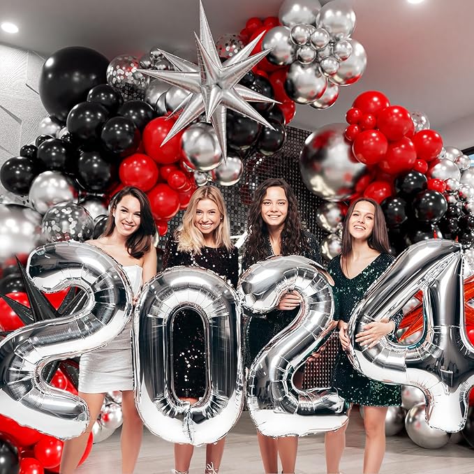 Red and Black Balloon Arch Kit with 3pcs Star Balloons, Red Black and Metallic Silver Balloons Garland Kit for Birthday Red Black Graduation 2025 New Year Party Decorations