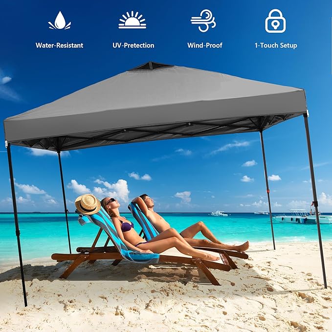 GDY 10x10 Pop Up Canopy Tent with 4 Sidewalls, Easy Set up with One Push Lift Outdoor Silver Coated Beach Gazebos, Carpas with 4 Sandbags, for Events, Parties,Camping, Gray.