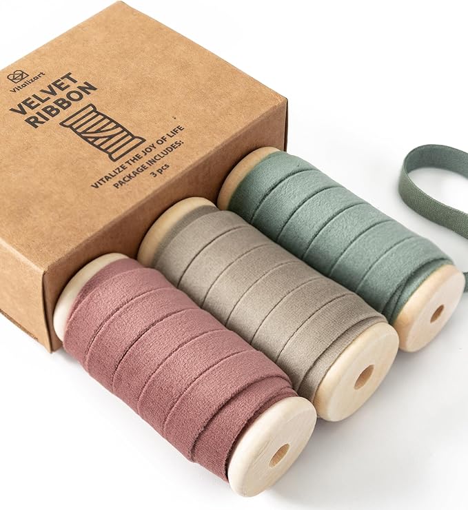 Vitalizart Velvet Ribbon Red Green Set 3/8" x 15 Yd Wooden Spool Fabric Trim 3 Rolls * 5 Yd for Christmas Wreath Decoration Handmade Craft Ornaments Gift Wrapping & Bow Making