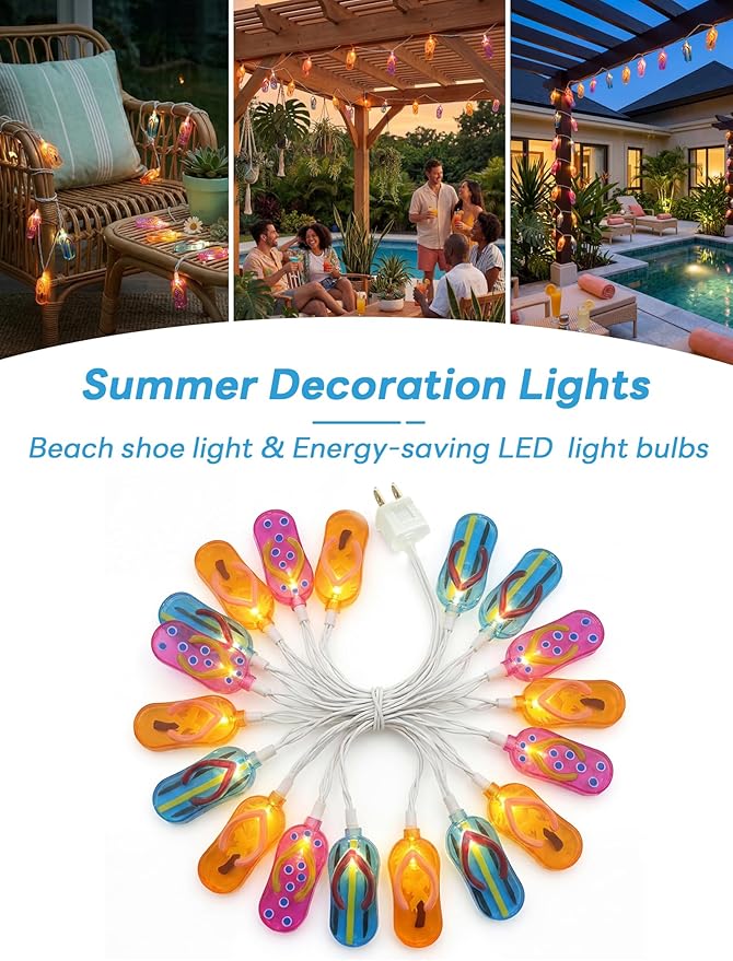 Slipper String Lights, 8.5FT 10 LED Beach Themed Lights with UL Certified Plug, Waterproof Tropical Party Decorations for Patio, Warm White Hawaiian String Lights for Garden Backyard Bedroom Decor
