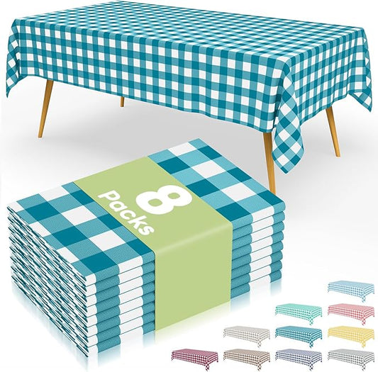 Smiry 8 Packs Gingham Disposable Table Cloth, 54 x 108 Inch Waterproof Plastic Tablecloth, Rectangle Turquoise and White Checkered Table Covers for Picnic, Birthday, Party